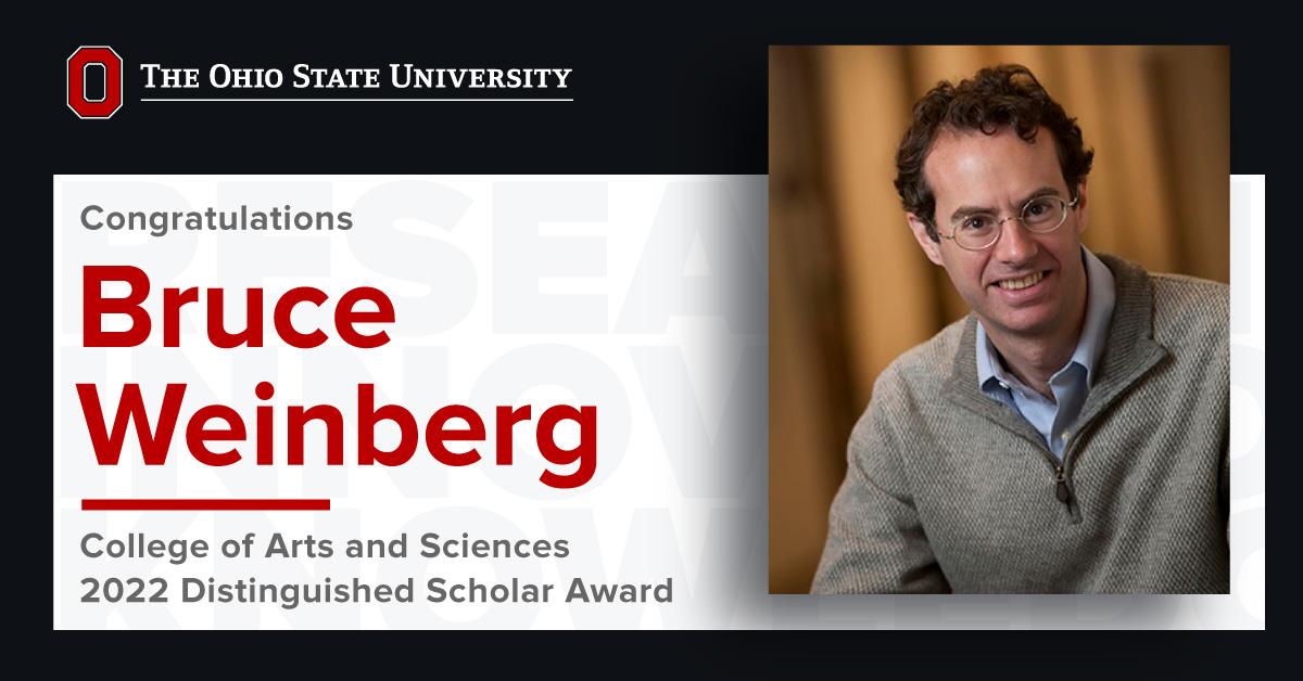 Image of Bruce Weinberg smiling into camera where beige zip up and white shirt with text announcing 2022 Distinguished Scholar Award