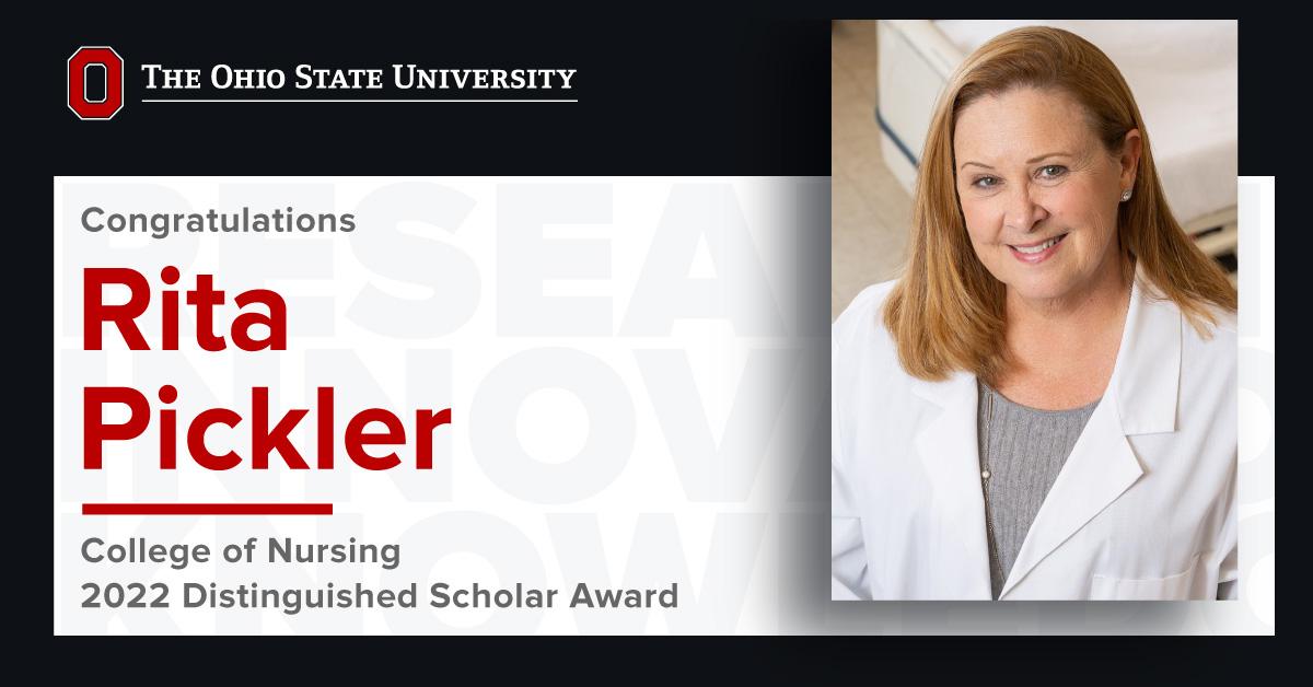 Image of Rita Pickler in white lab coat smiling at camera and text announcing DSA Award