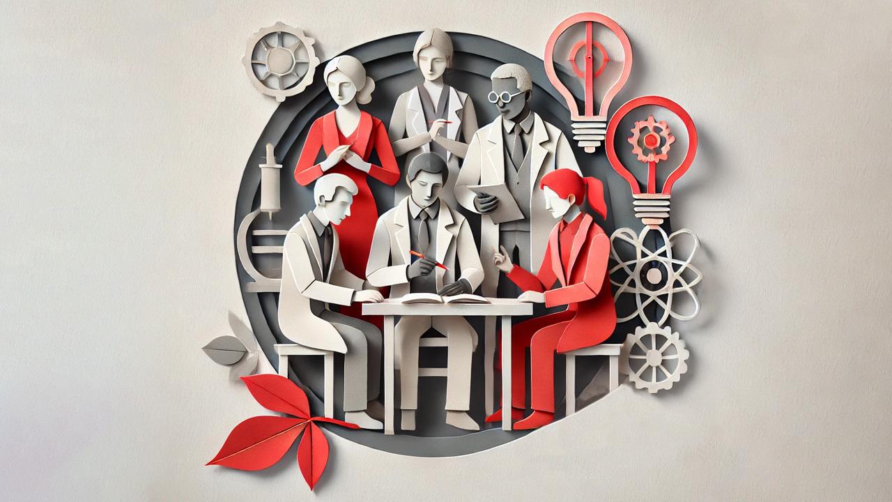 A diverse group of people gathered in collaboration to share knowledge in research and creative expressions. The illustration is in a cut paper style with vibrant reds and soft gray tones.